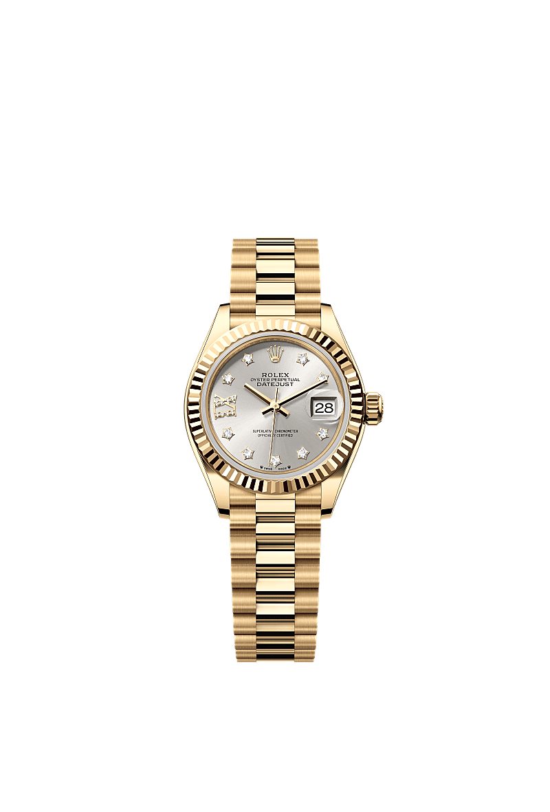 女装日志型, 蚝式,28毫米,黄金, 表盘 : 银色,镶钻石, Rolex
