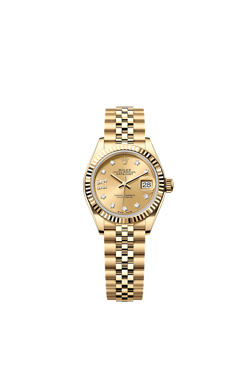 Lady-Datejust, Oyster, 28 mm, yellow gold, Dial : Champagne-colour set with diamonds, Rolex