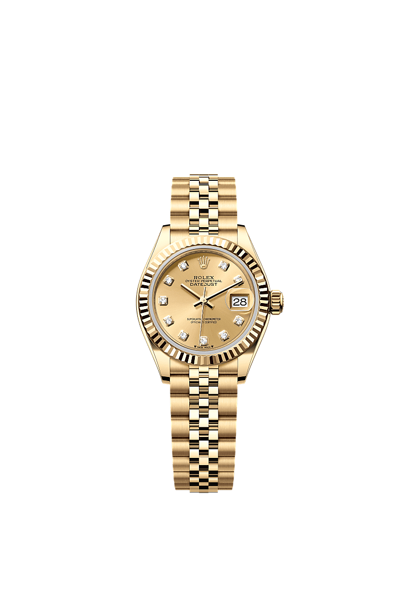 Lady-Datejust, Oyster, 28 mm, yellow gold, Dial : Champagne-colour set with diamonds, Rolex