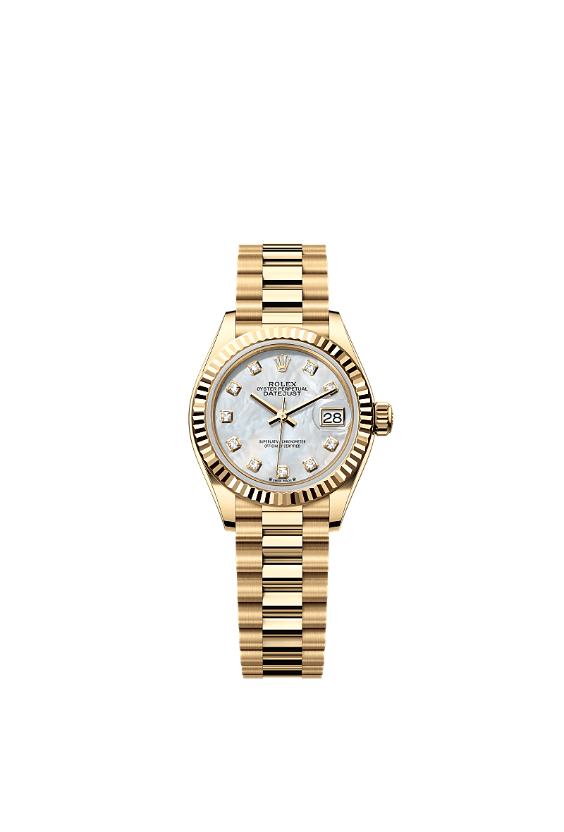 女装日志型, 蚝式，28毫米，黄金, 表盘 : 白色珍珠母，镶钻石, Rolex