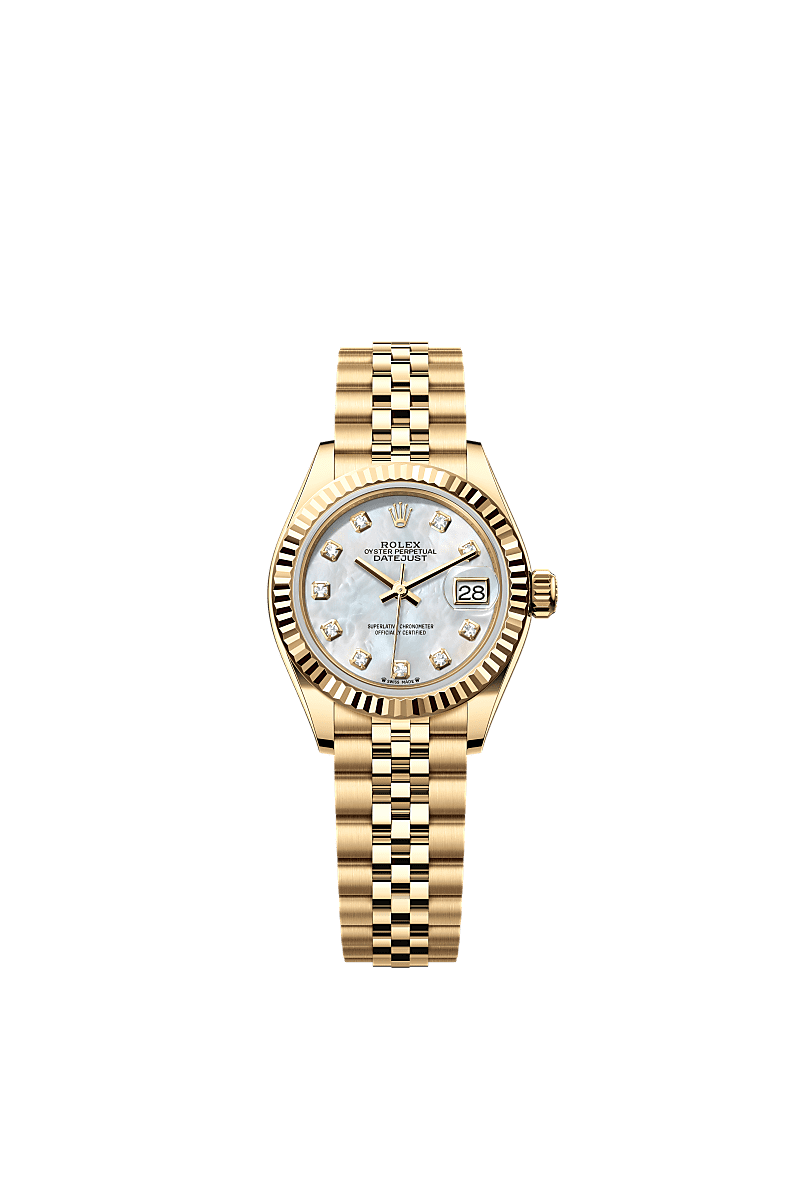 女装日志型, 蚝式,28毫米,黄金, 表盘 : 白色珍珠母,镶钻石, Rolex