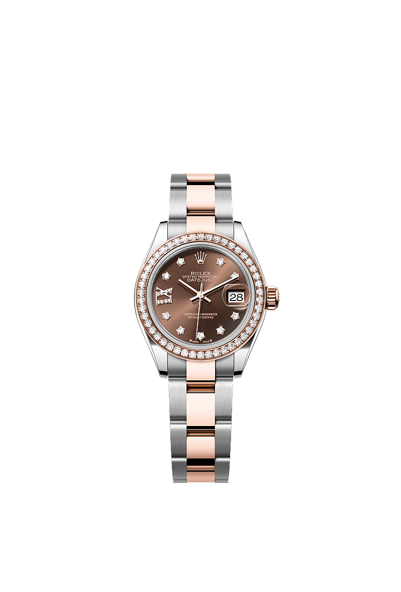 Lady-Datejust, Oyster, 28 mm, Oystersteel, Everose gold and diamonds, Dial : Chocolate set with diamonds, Rolex