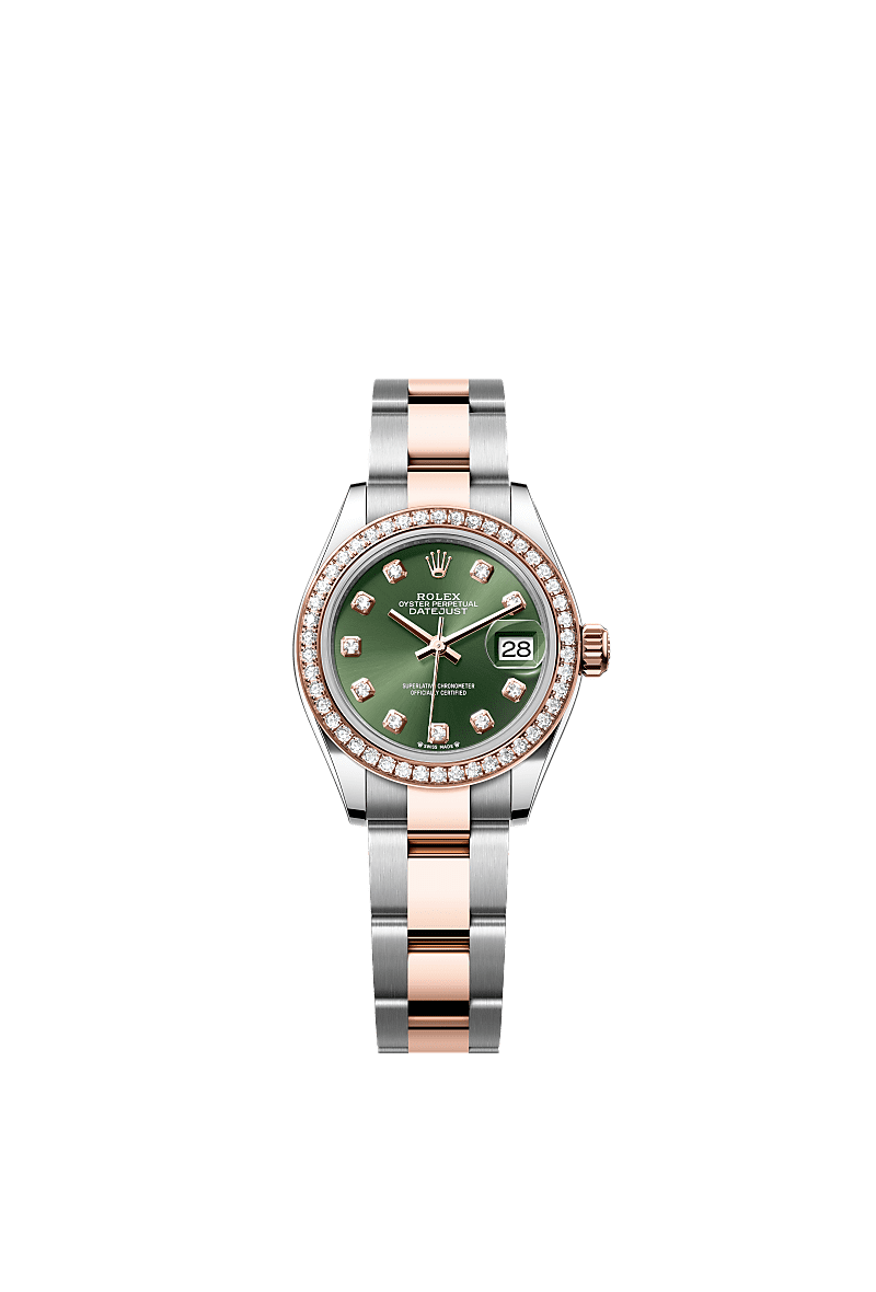 Lady-Datejust, Oyster, 28 mm, Oystersteel, Everose gold and diamonds, Dial : Olive green set with diamonds, Rolex