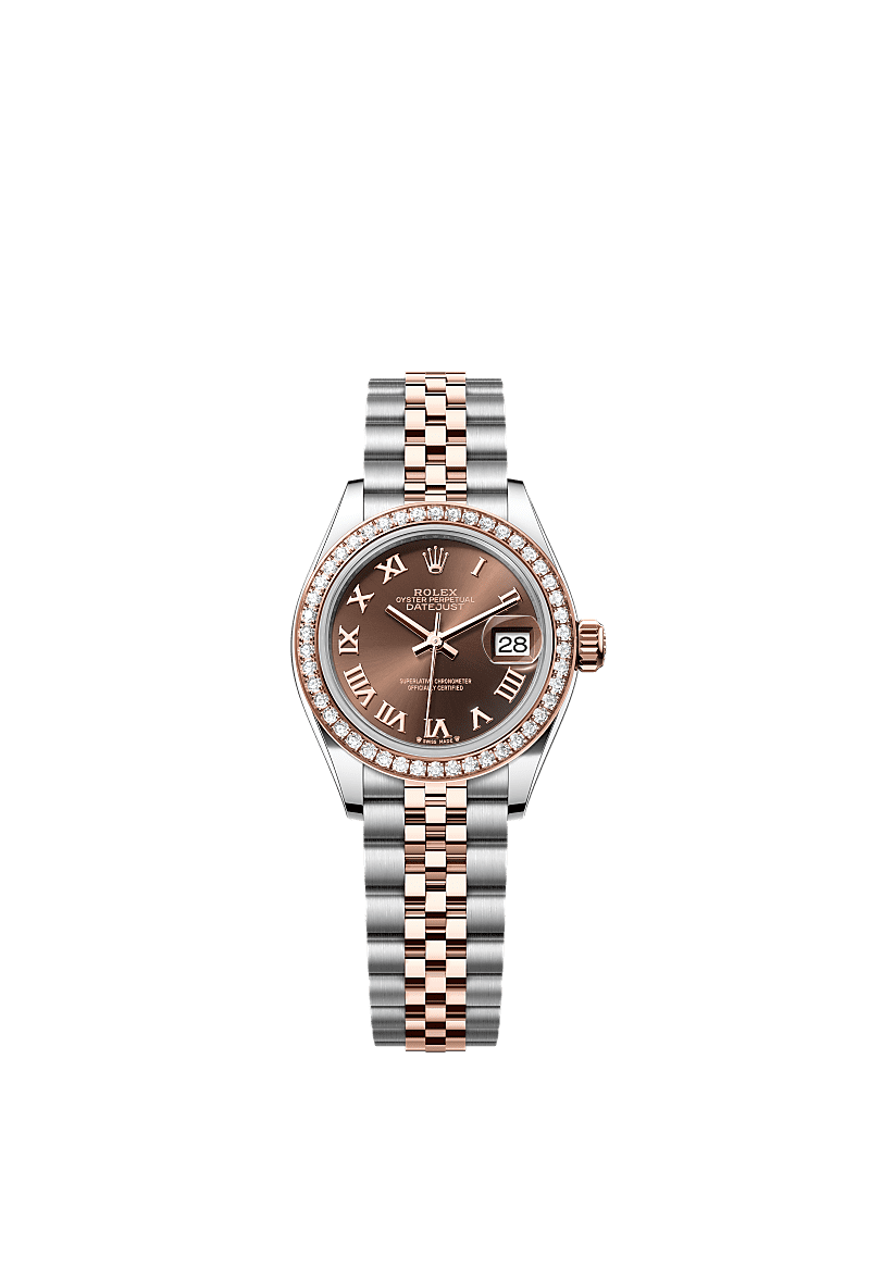 女装日志型, 蚝式，28毫米，钻石、永恒玫瑰金及蚝式钢, 表盘 : 巧克力色, Rolex