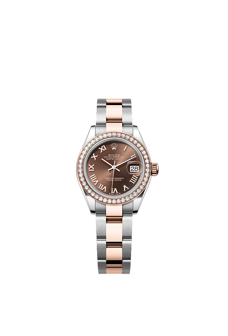 Lady-Datejust, Oyster, 28 mm, Oystersteel, Everose gold and diamonds, Dial : Chocolate, Rolex