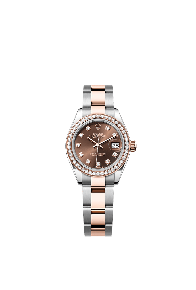 Lady-Datejust, Oyster, 28 mm, Oystersteel, Everose gold and diamonds, Dial : Chocolate set with diamonds, Rolex