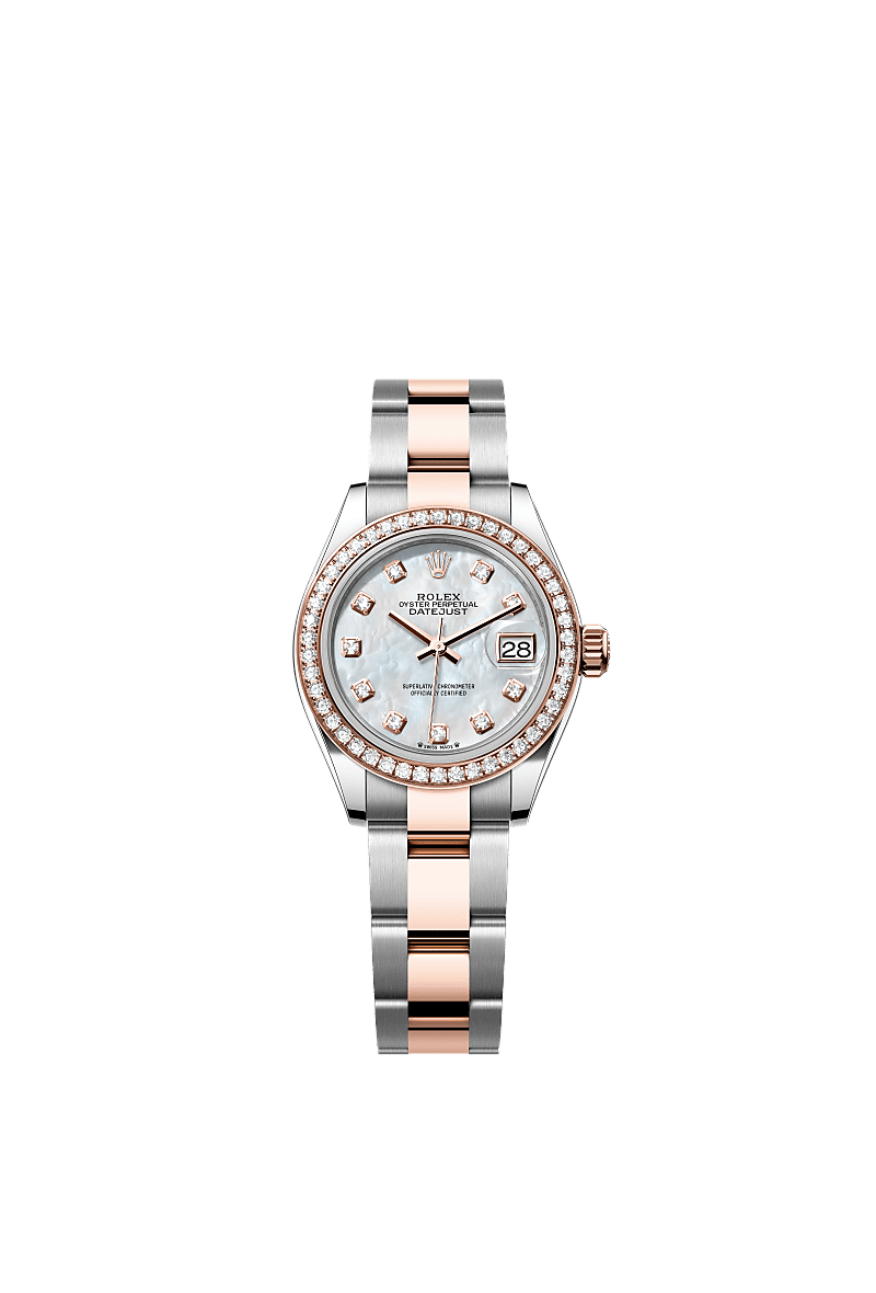 Lady-Datejust, Oyster, 28 mm, Oystersteel, Everose gold and diamonds, Dial : White mother-of-pearl set with diamonds, Rolex