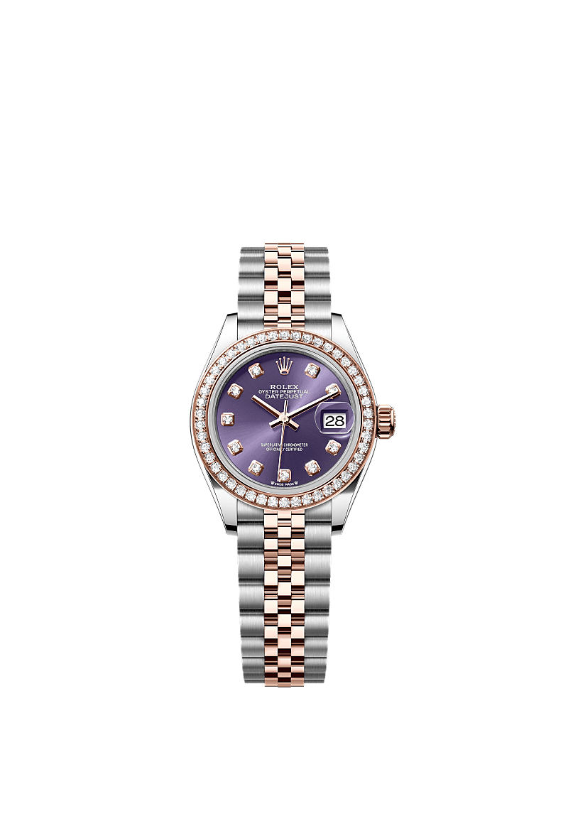 Lady-Datejust, Oyster, 28 mm, Oystersteel, Everose gold and diamonds, Dial : Aubergine set with diamonds, Rolex