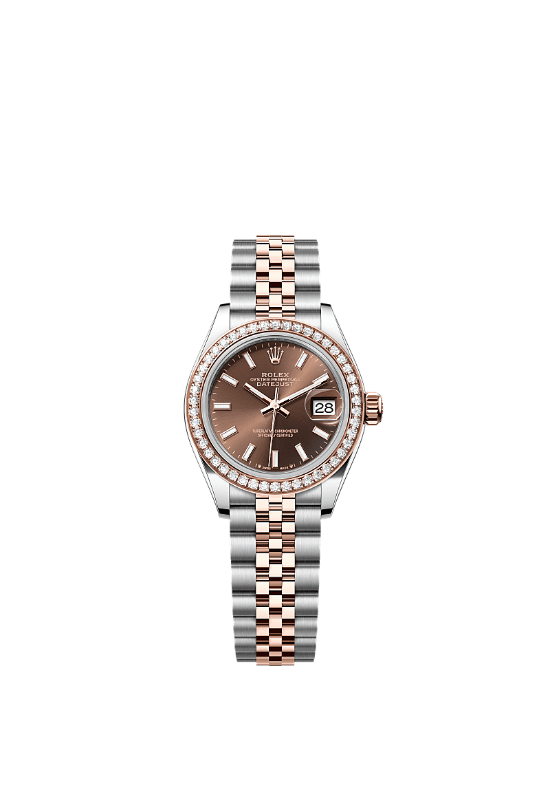 Lady-Datejust, Oyster, 28 mm, Oystersteel, Everose gold and diamonds, Dial : Chocolate, Rolex
