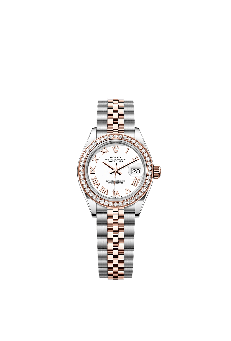 Lady-Datejust, Oyster, 28 mm, Oystersteel, Everose gold and diamonds, Dial : White, Rolex