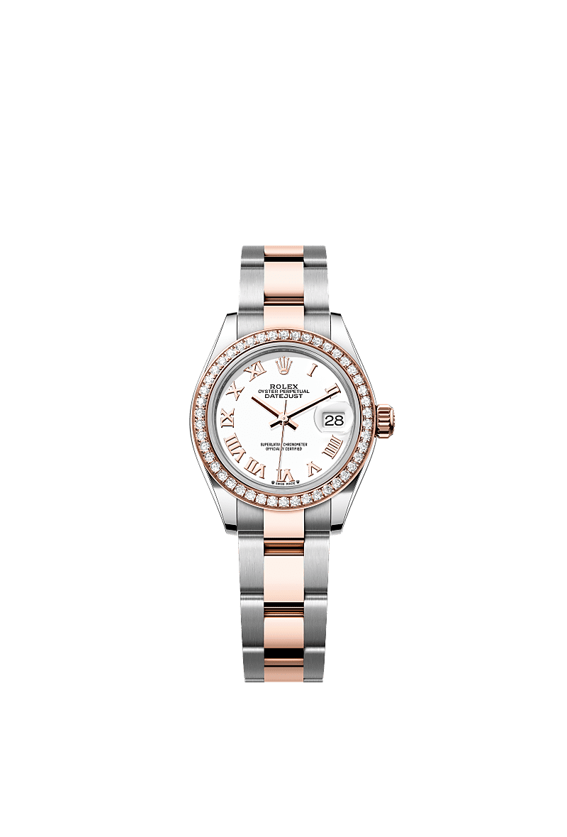 Lady-Datejust, Oyster, 28 mm, Oystersteel, Everose gold and diamonds, Dial : White, Rolex