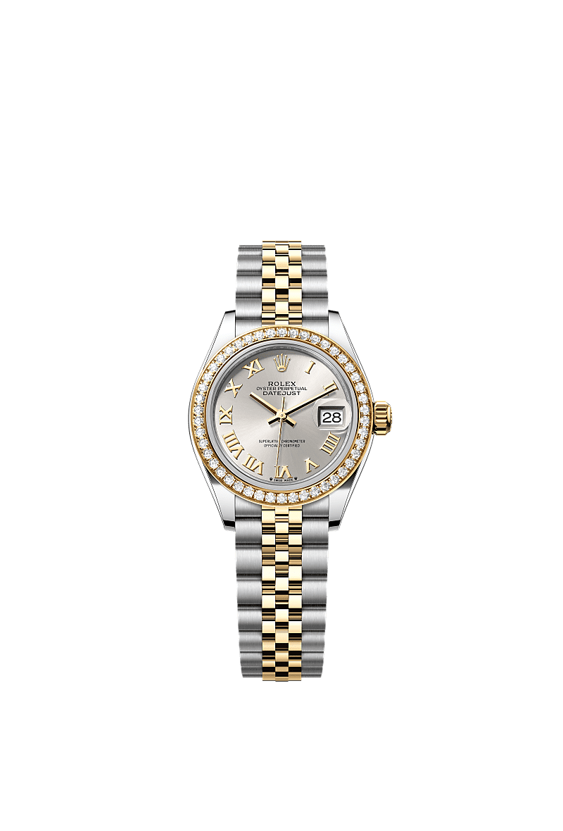 Lady-Datejust, Oyster, 28 mm, Oystersteel, yellow gold and diamonds, Dial : Silver, Rolex