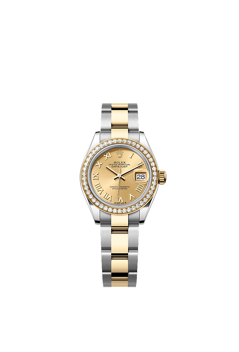 女装日志型, 蚝式,28毫米,钻石、黄金及蚝式钢, 表盘 : 香槟色, Rolex