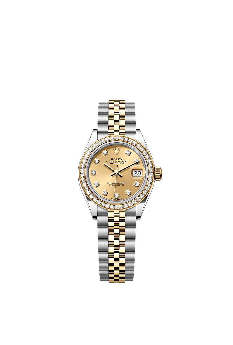 Lady-Datejust, Oyster, 28 mm, Oystersteel, yellow gold and diamonds, Dial : Champagne-colour set with diamonds, Rolex