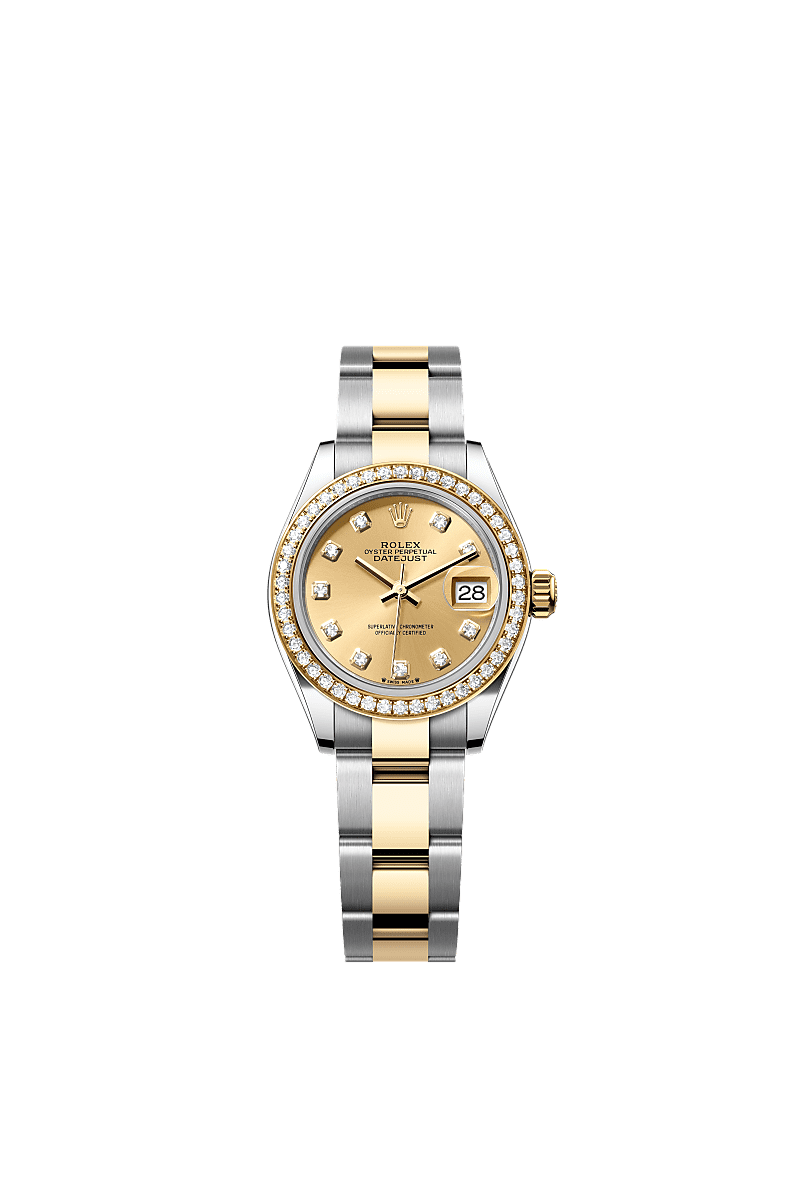 Lady-Datejust, Oyster, 28 mm, Oystersteel, yellow gold and diamonds, Dial : Champagne-colour set with diamonds, Rolex