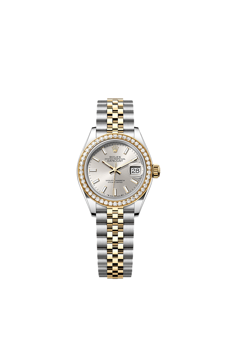 女装日志型, 蚝式，28毫米，钻石、黄金及蚝式钢, 表盘 : 银色, Rolex