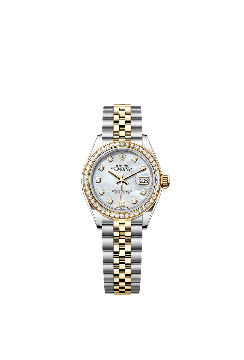 Lady-Datejust, Oyster, 28 mm, Oystersteel, yellow gold and diamonds, Dial : White mother-of-pearl set with diamonds, Rolex