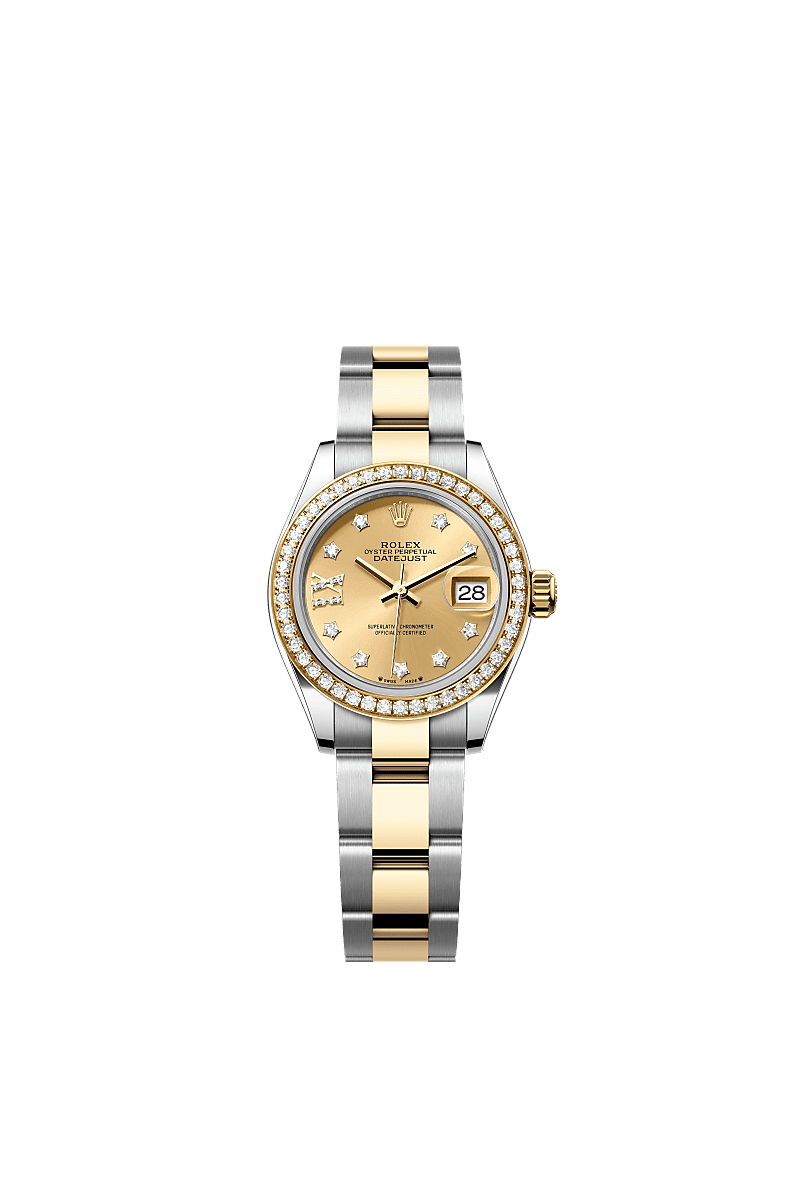 Lady-Datejust, Oyster, 28 mm, Oystersteel, yellow gold and diamonds, Dial : Champagne-colour set with diamonds, Rolex