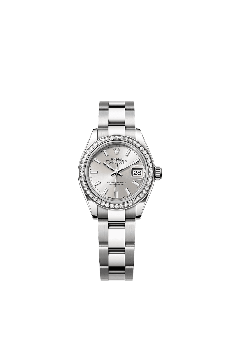 女装日志型, 蚝式,28毫米,钻石、白色黄金及蚝式钢, 表盘 : 银色, Rolex