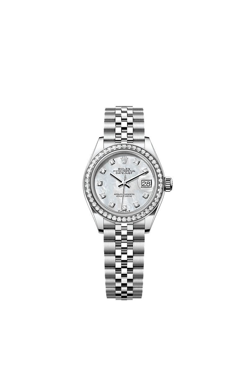 Lady-Datejust, Oyster, 28 mm, Oystersteel, white gold and diamonds, Dial : White mother-of-pearl set with diamonds, Rolex
