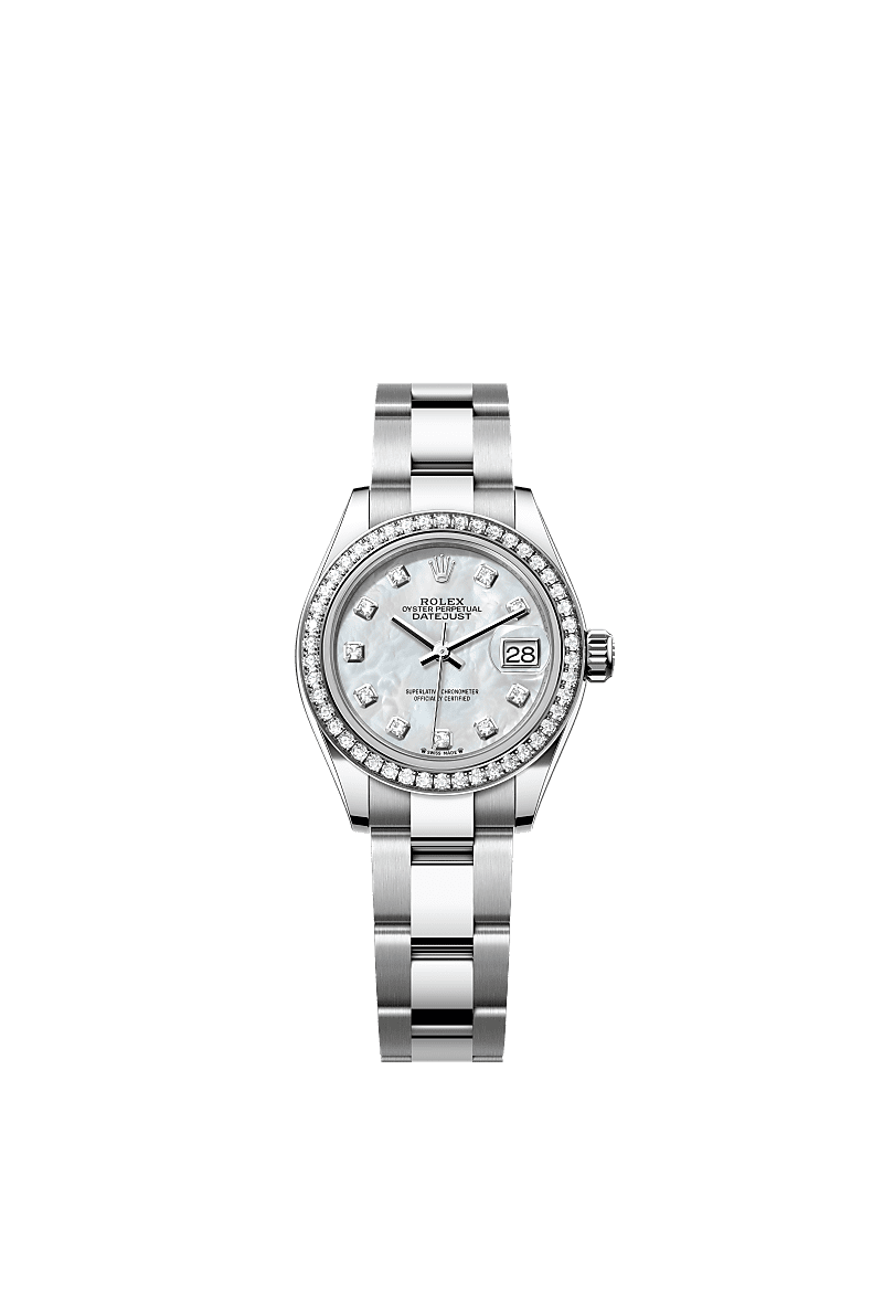 Lady-Datejust, Oyster, 28 mm, Oystersteel, white gold and diamonds, Dial : White mother-of-pearl set with diamonds, Rolex