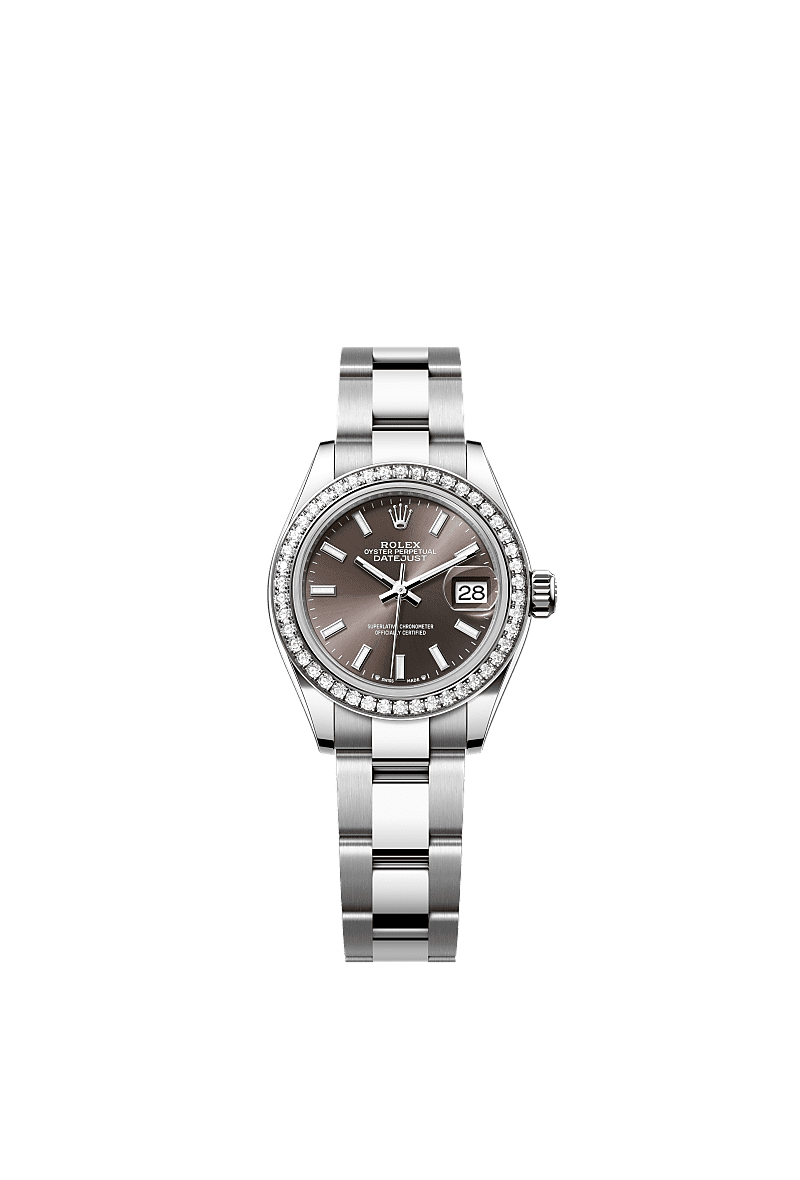 Lady-Datejust, Oyster, 28 mm, Oystersteel, white gold and diamonds, Dial : Dark grey, Rolex