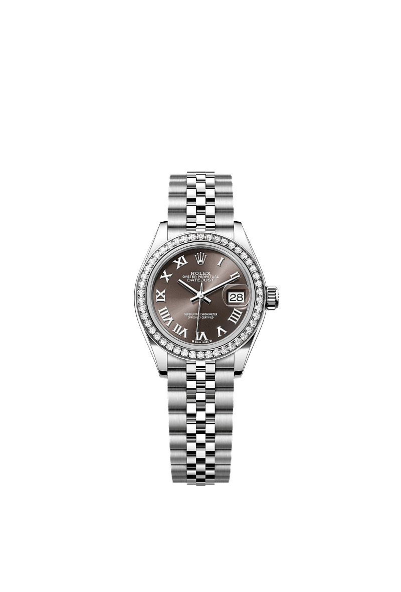 Lady-Datejust, Oyster, 28 mm, Oystersteel, white gold and diamonds, Dial : Dark grey, Rolex