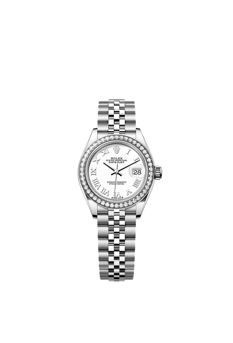 女装日志型, 蚝式，28毫米，钻石、白色黄金及蚝式钢, 表盘 : 白色, Rolex